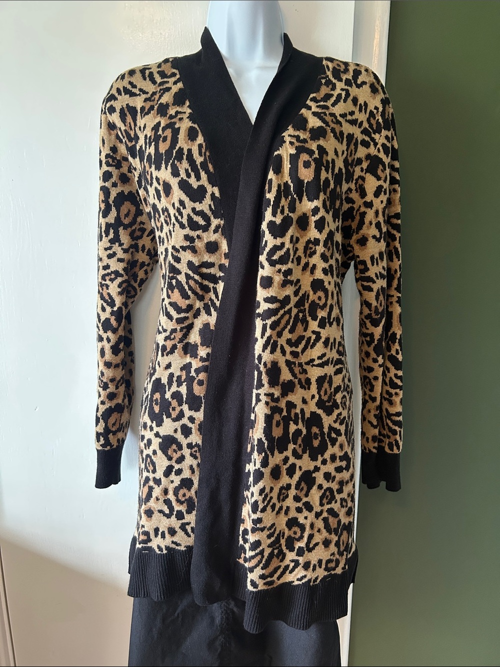 Calvin Klein - Leopard Print Open Front Long Cardigan with Black Trim
